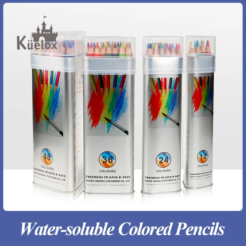 Kuelox 8812 12/24/36/48 colors water soluble colored pencils with triangle metal tube for coloring school art supplies