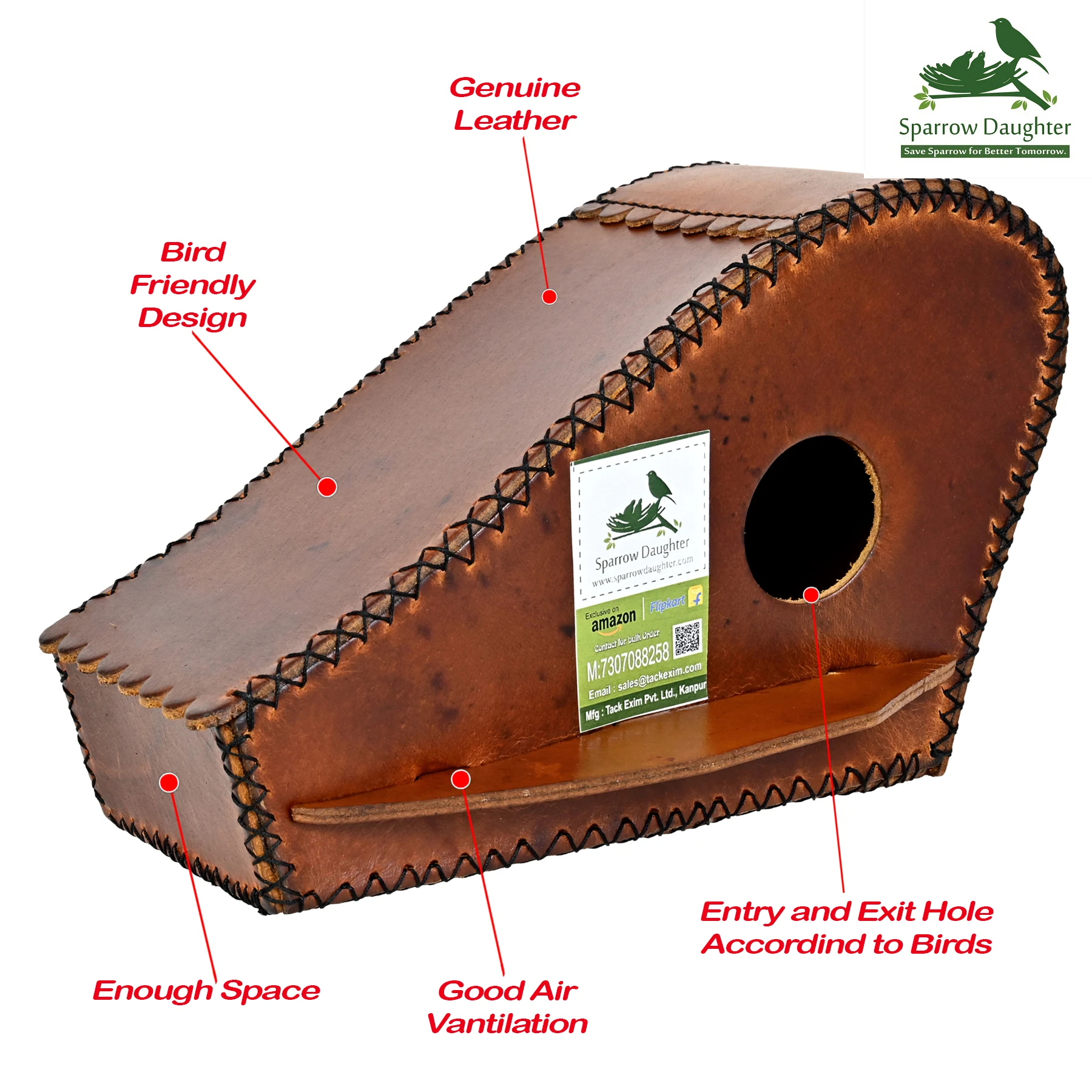 LEATHER CRAFETD HAND STITCHED BIRD HOUSE NESTING BOX WALL/ TREE MOUNTED MAX SPACE CUSTOMIZATIN AVAILABLE