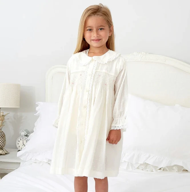 Customized logo Summer 100% Cotton Short Sleeves Smocked Girls Sleepwear Kids Pajamas Dress And Shorts Set For Girl