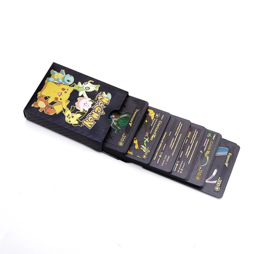 Poke mon Gold Card Box Spanish Playing Cards Golden Letters Pikachu Charizard Vmax Gx Ex Collection Game Card Case Gift Toy