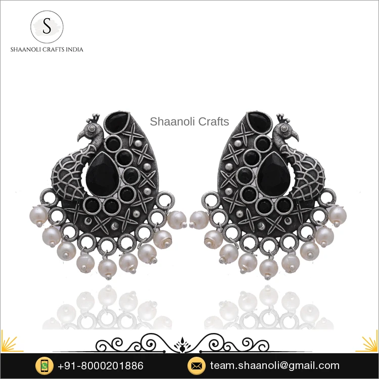 Indian Handmade Silver Oxidized Peacock Design Cute Studs Earrings Indian Jewelry for Women