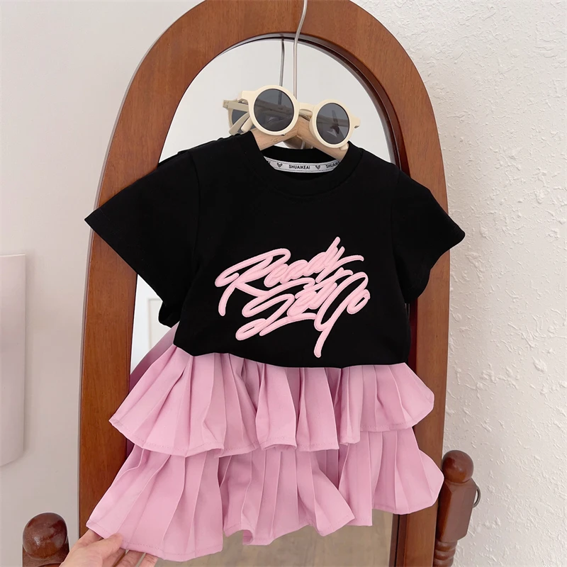Conyson high quality korea fashion Summer Baby girl casual t-shirt Outfit Children Clothes cake skirt Kids 2-piece clothing Set