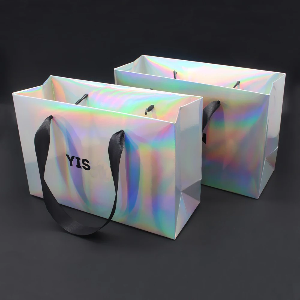 Customized logo laser holographic luxury boutique iridescent gift bags big luxury clothing emballage packaging paper bag