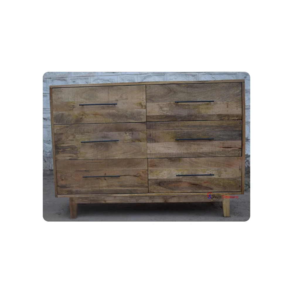 Modern Design Antique Rustic Wooden 6 Drawer Chest Cabinet Carved Mango Wood Furniture Indoor Modern Wood Furniture