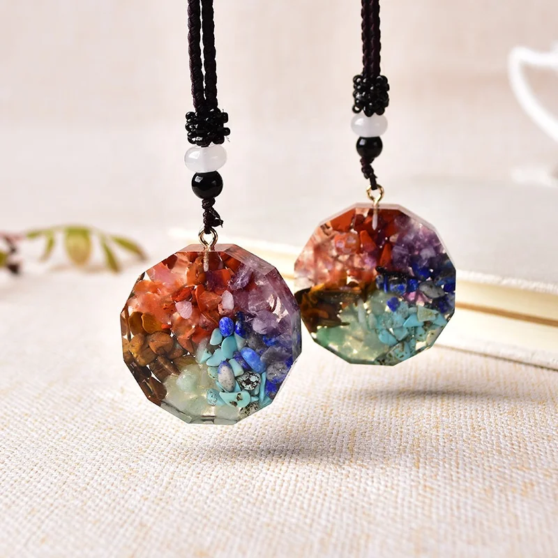 Wholesale Natural Wicca 7 Chakra Stone Bonded Meditation Energy Gemstone Resin Pendant Jewelry For Men Women Charm Necklace