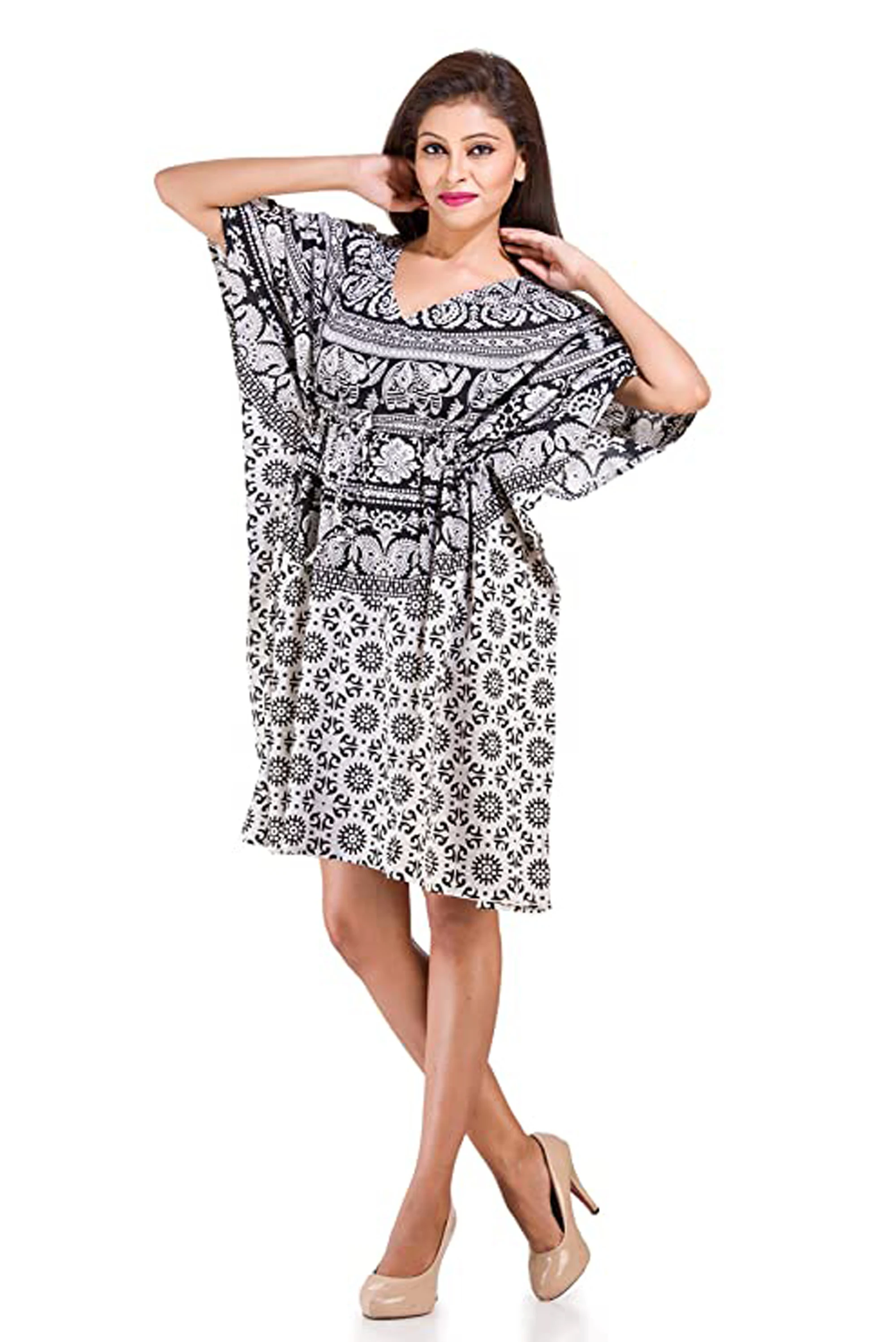 2024 Arrival wholesale price Summer Hand printed floral Short Kaftan For Women Short Sleeve Knee Length Boho Holidays Dress