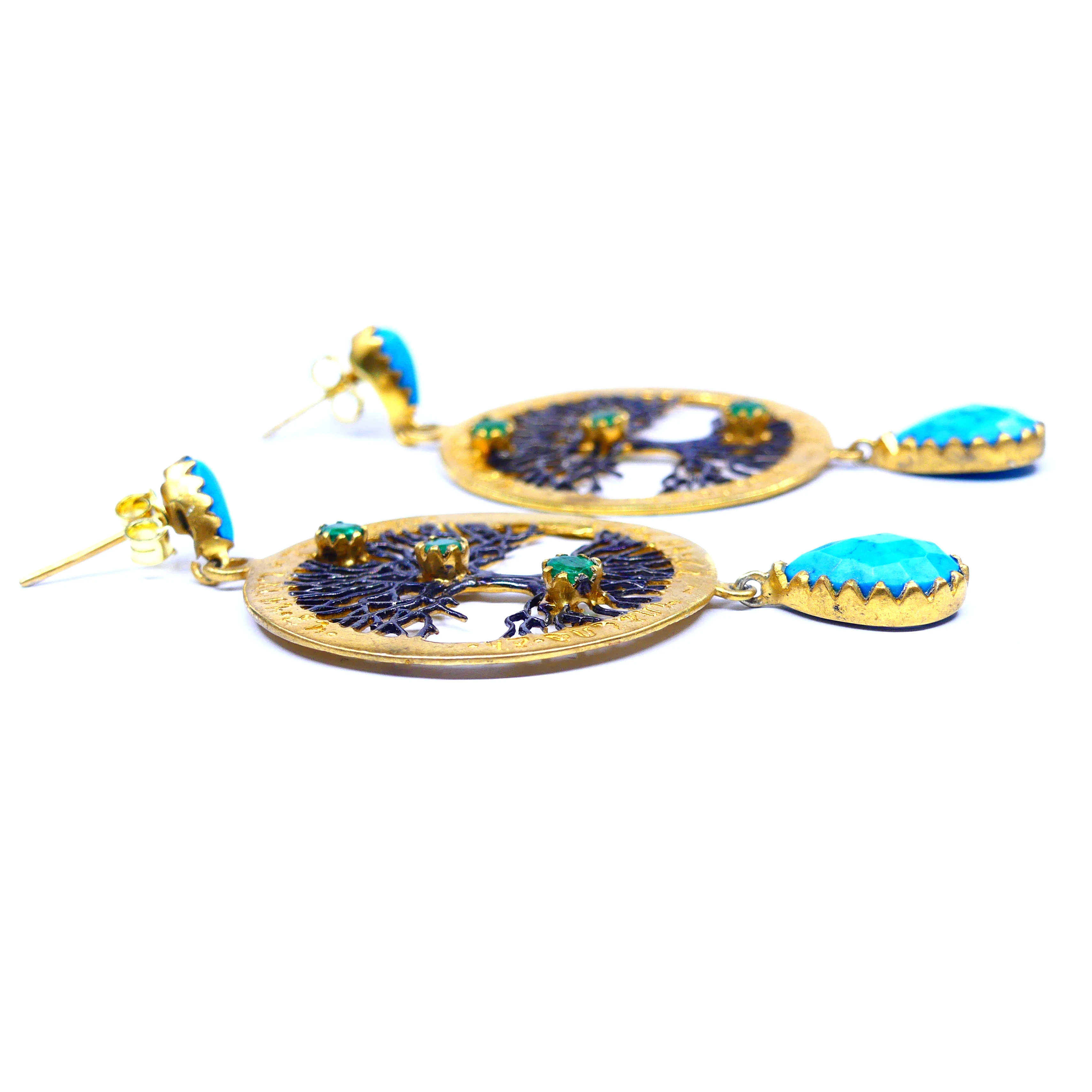 Sterling Silver 925 Oxidized Turquoise Emerald Gemstone Gold Plated Unique Elegant Women Wear Tree Earrings