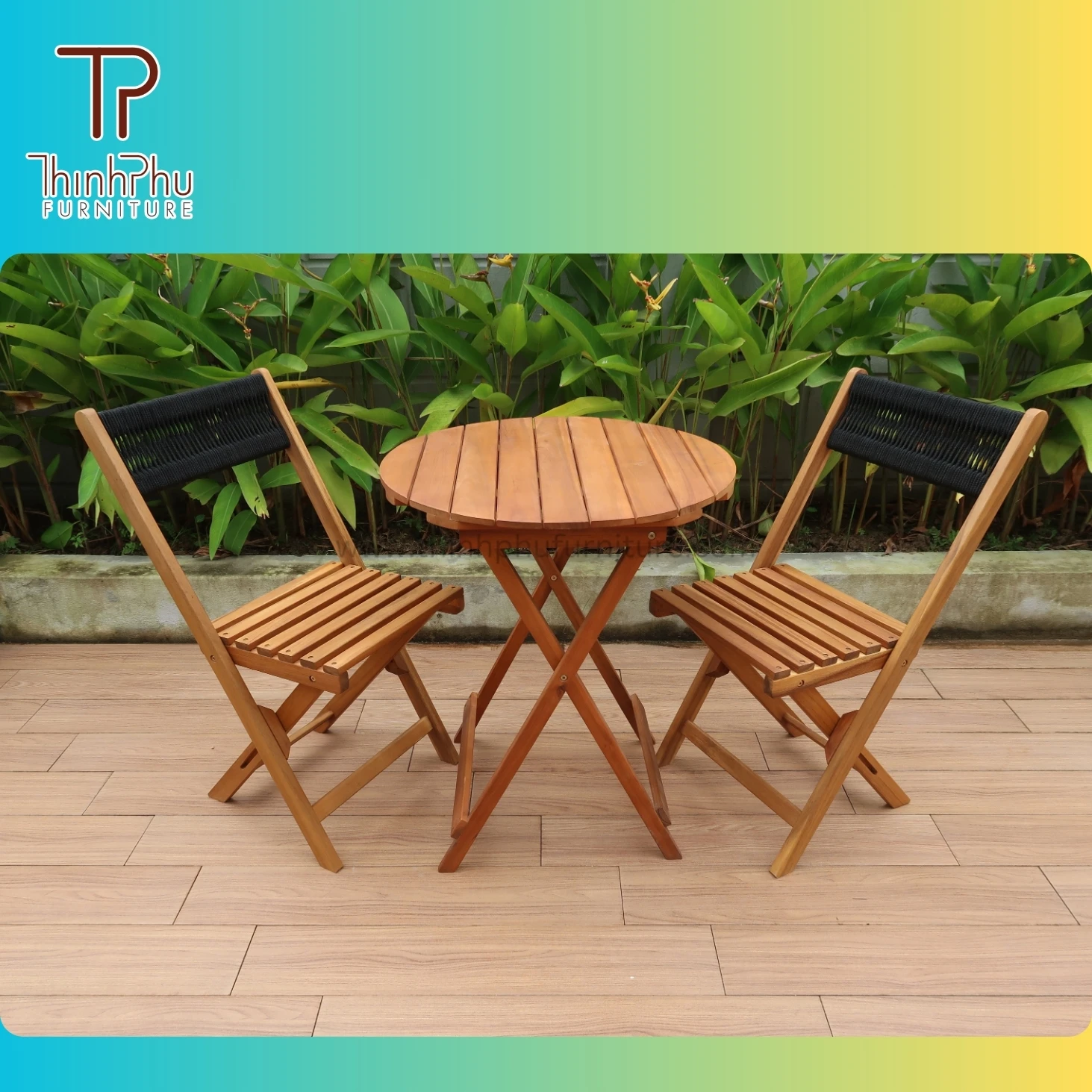 Livia Contemporary Design Acacia Wood Folding Round Table Chairs Dining Park Use Outdoor Garden Made Vietnam Factory