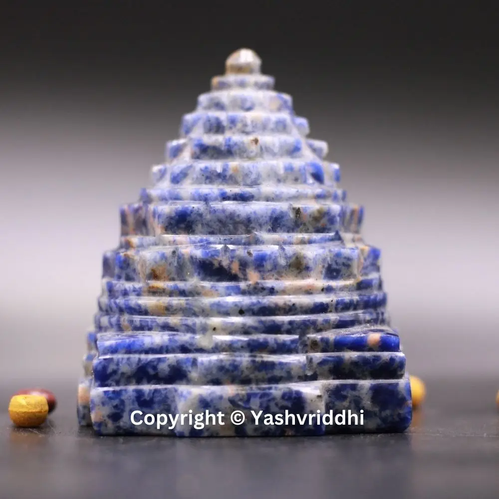 Meru Shree Yantra Spiritual Growth Tool Soda Lite Gemstone for Mind Clarity Balance and Harmony Metal Printed Gift