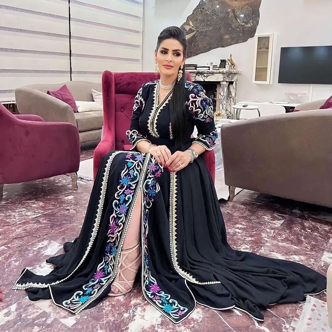 silk thread Hand embroidery Multi Women Dubai Embroidery Elegant Muslim Abaya Islam velvet Djellaba Moroccan Long Dresses Beads