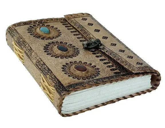 vintage Leather Embossed Journal With lapis Stone Natural Colour Celtic One latches Deckle edge Paper,Journal Notebook Diary