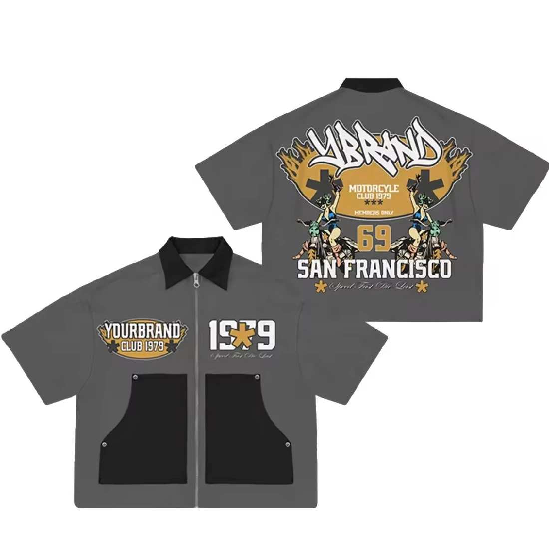 Custom Logo Screen Print Zip Up Cropped Boxy T Shirt Cotton Streetwear Vintage Hip Hop Zipper Polo T-shirt for Men