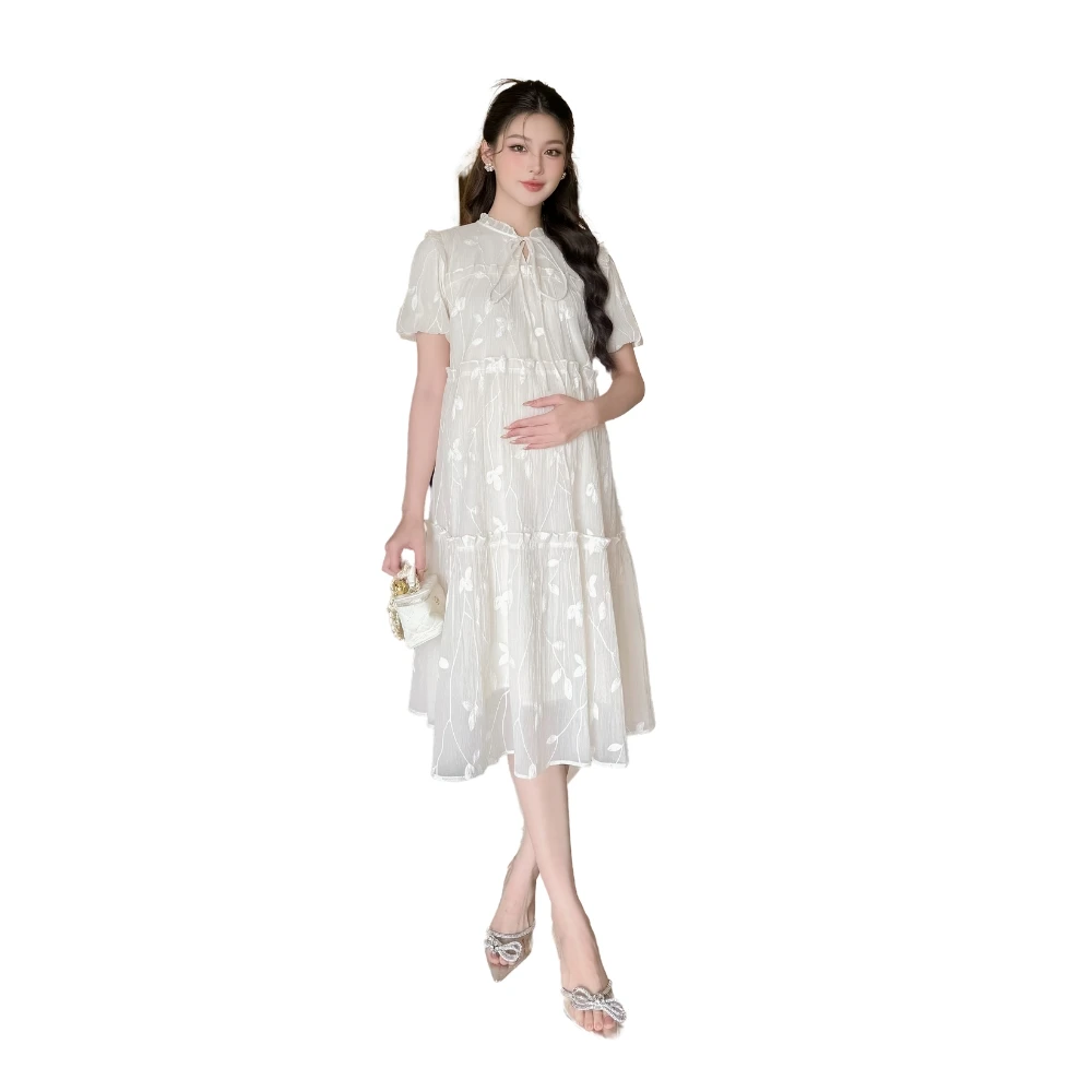 Maternity Dress With A Straight Design Made Of Soft Embroidered Silk Chiffon Material Comfortable To Wear V1000 Not Discolored