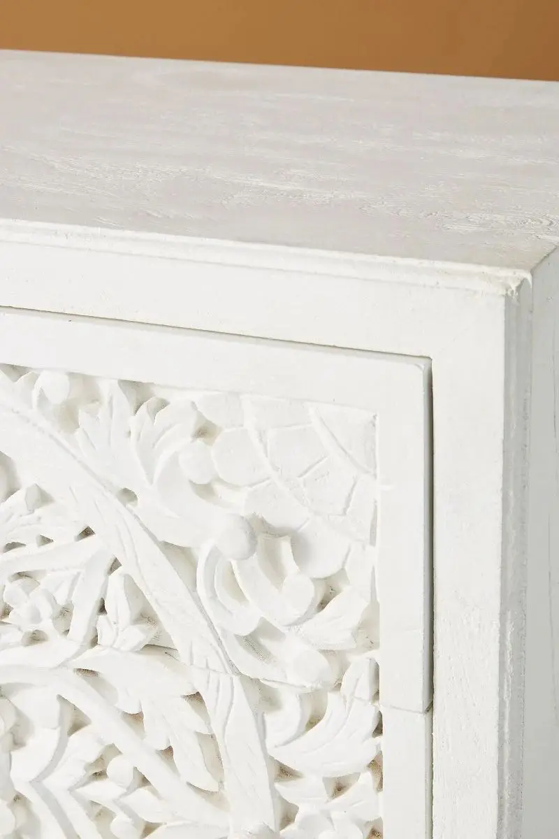 Hand Carved Lombok Six-Drawer Dresser in White Color | Handmade Wooden Dresser From Rajasthan, India