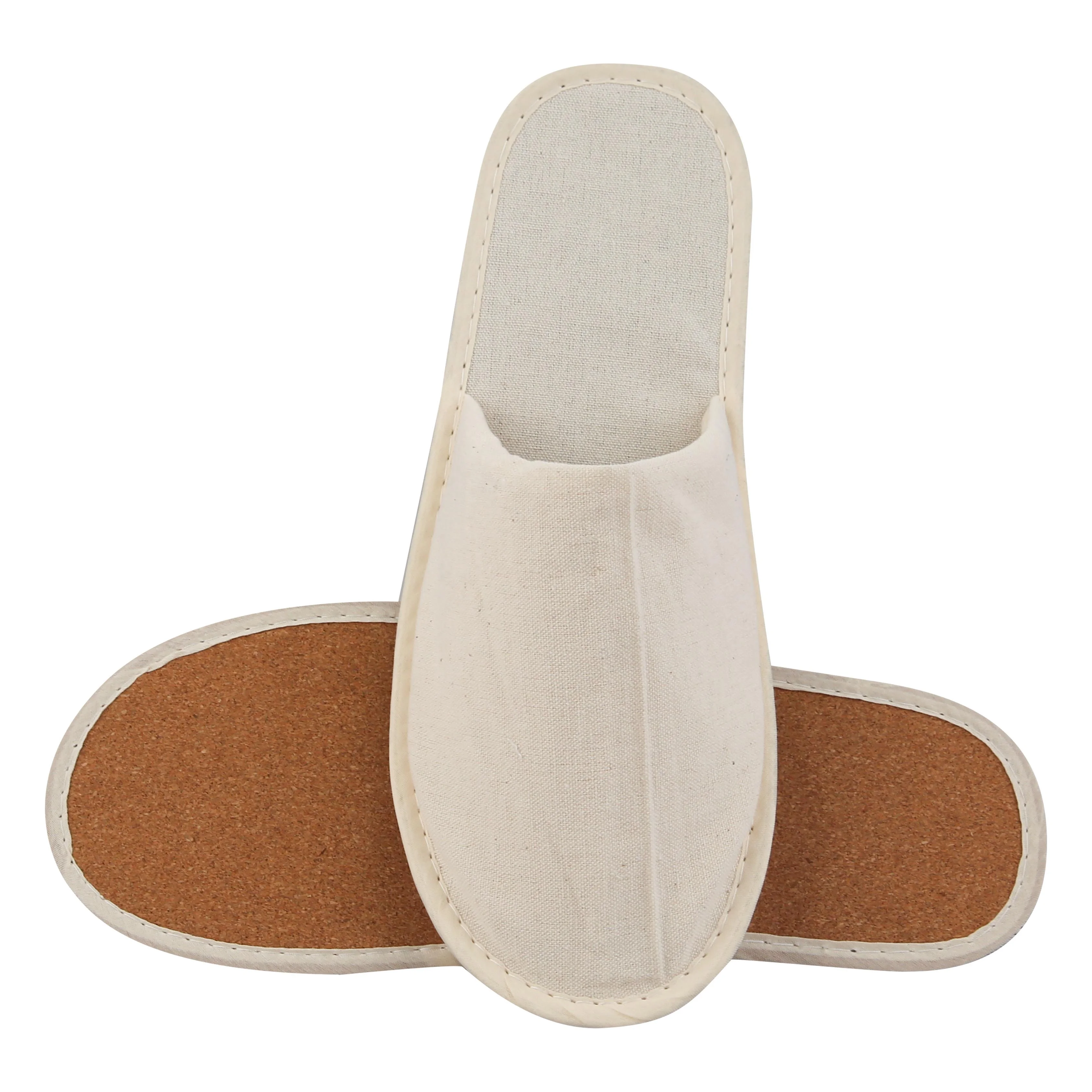 Custom Luxury Eco Friendly Natural Comfortable Canvas Cardboard Cork Wood Closed Toe Unisex Hotel Slippers