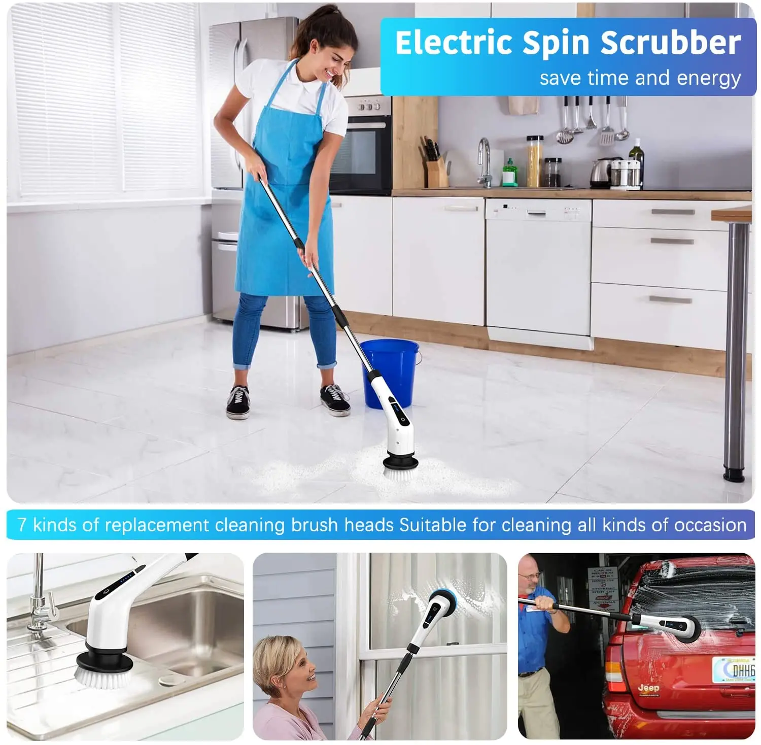 7in1 Electric Cleaning Brush  Handle House Cleaning,Good Quality Spin Scrubber for  Stubborn Stains and Household Flooring Scrub