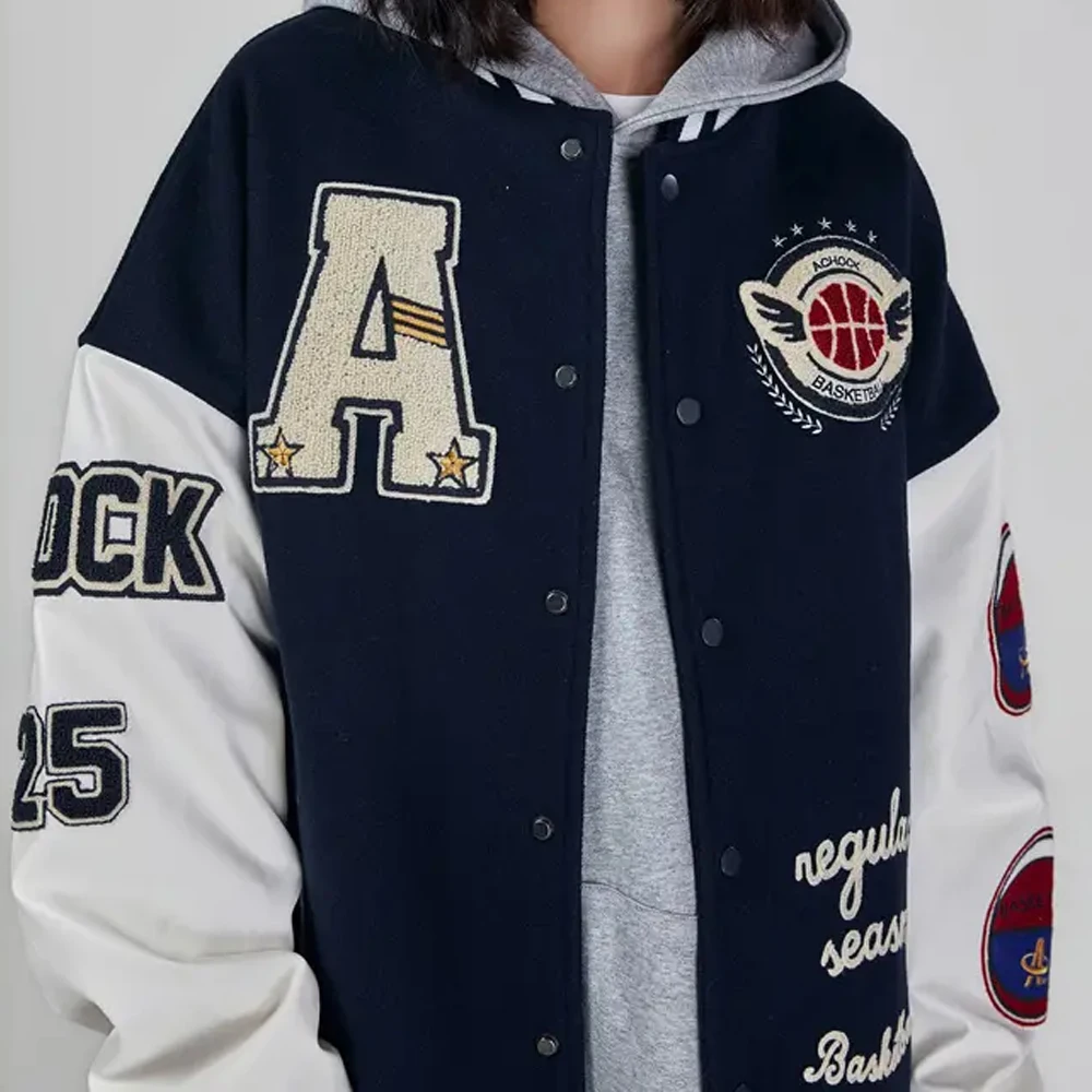 New 2023 Black Women Custom Embroidery Logo Sleeves Chenille Baseball Letterman Varsity Jacket College Pus Size Baseball Varsit