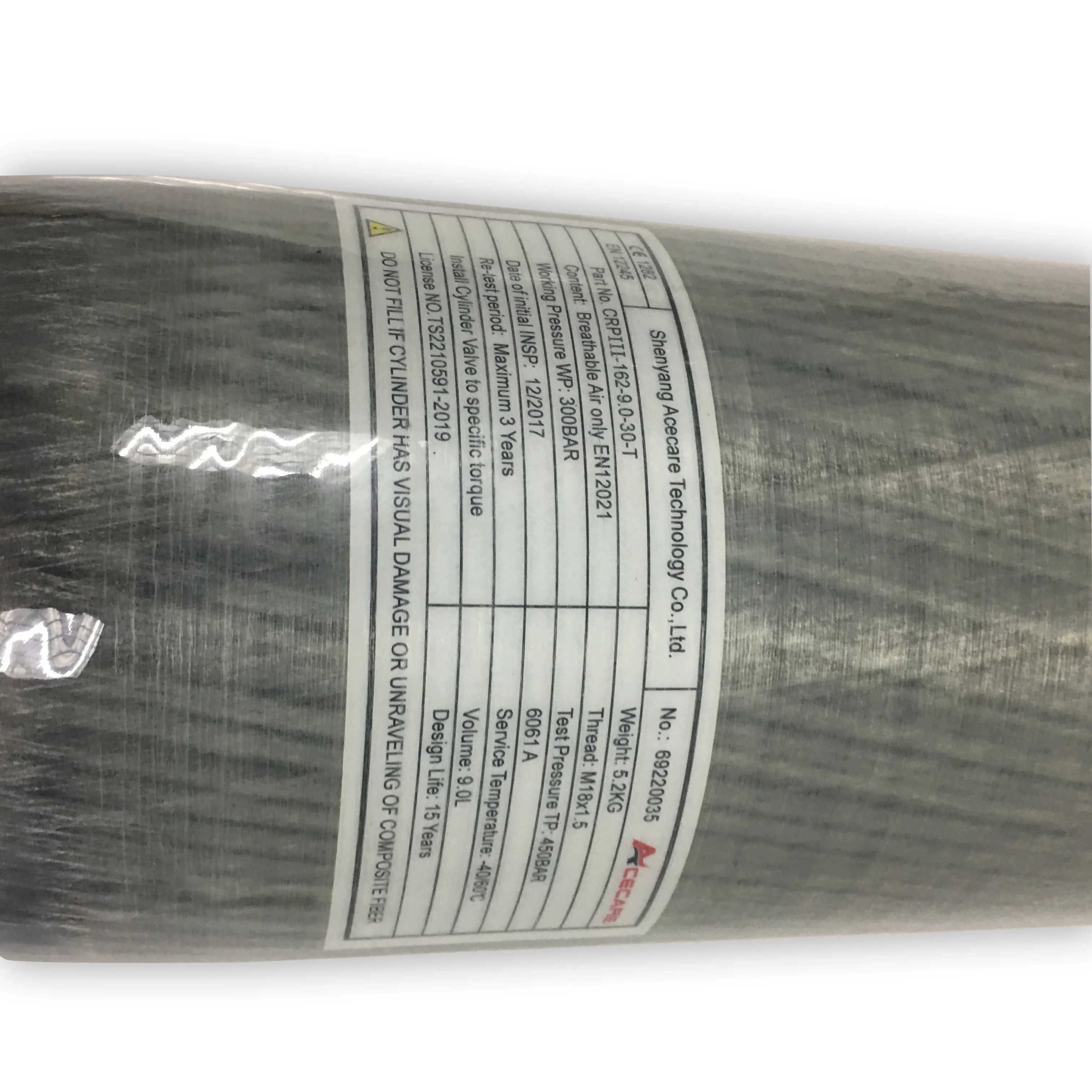 9L CE Carbon Fiber Cylinder 4500psi Working Pressure Paintball Tank High Gray Oxygen Cylinder for Diving Sport Low Oxygen 1pcs