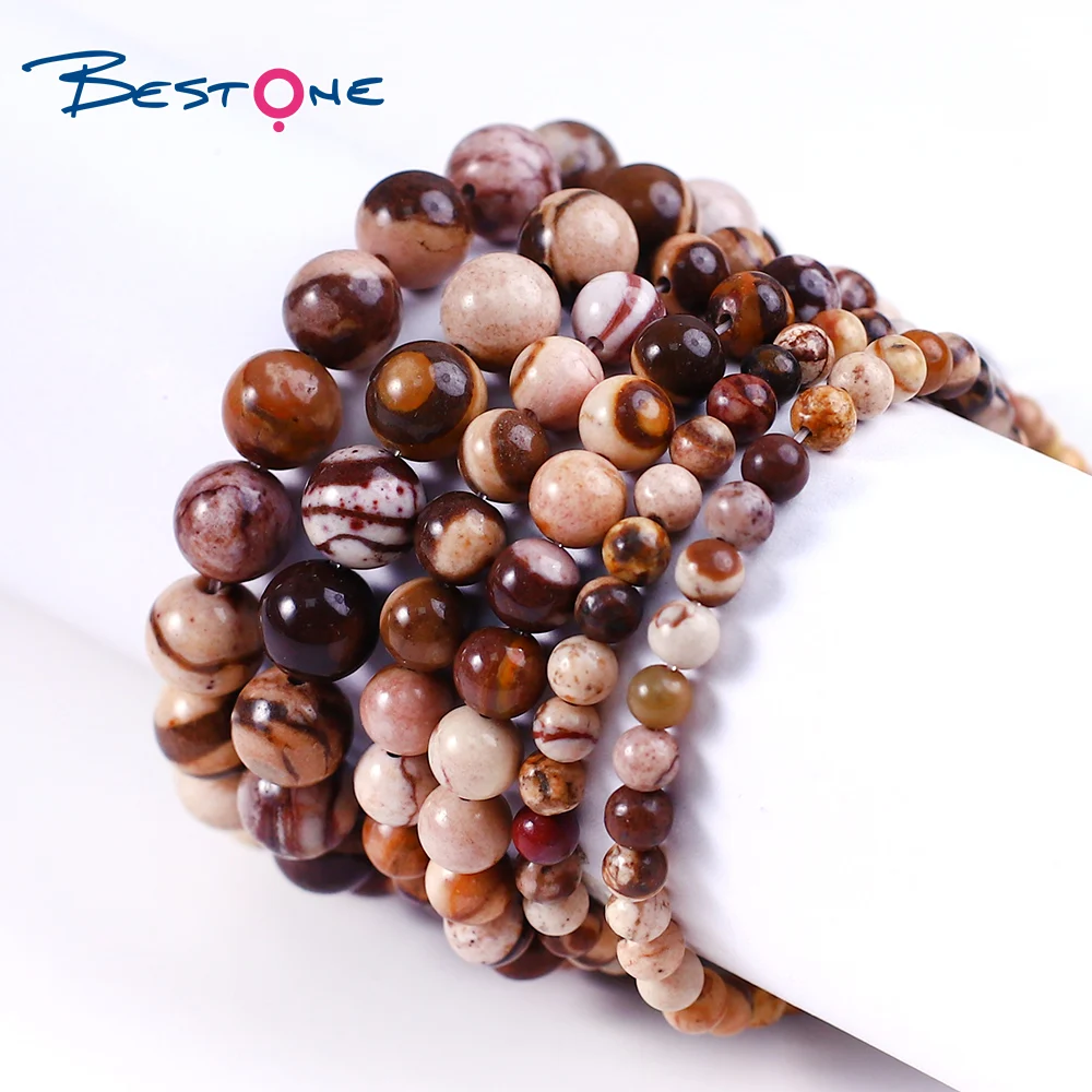 Bestone 4mm 8mm 10mm Brown Zebra Jasper Smooth Round Gemstone Beads With Holes for Jewelry Making
