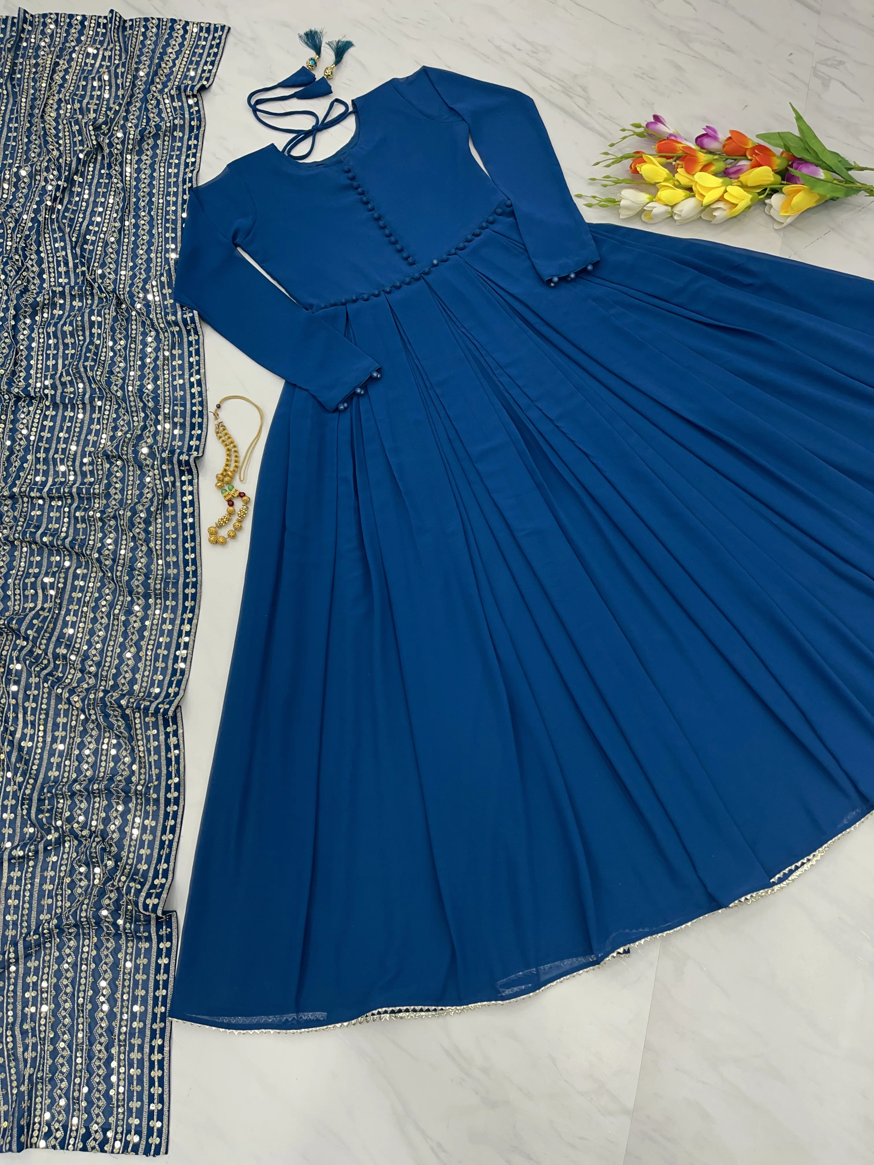 Readymade Anarkali Gown & Dupatta Set, Blue Faux Georgette With Embroidery Work Full Stitching Party Outfit for Women