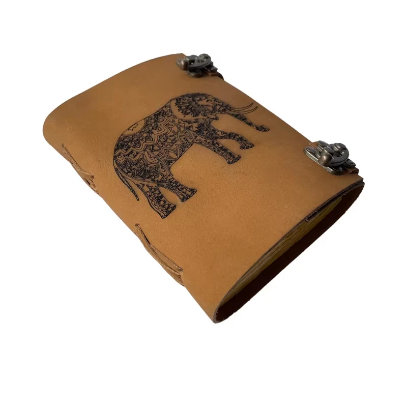 Elephant Design Laser Printed Genuine Leather Journal Softcover A5 Handcrafted Vintage Deckle Paper Diary with Two Brass C Locks