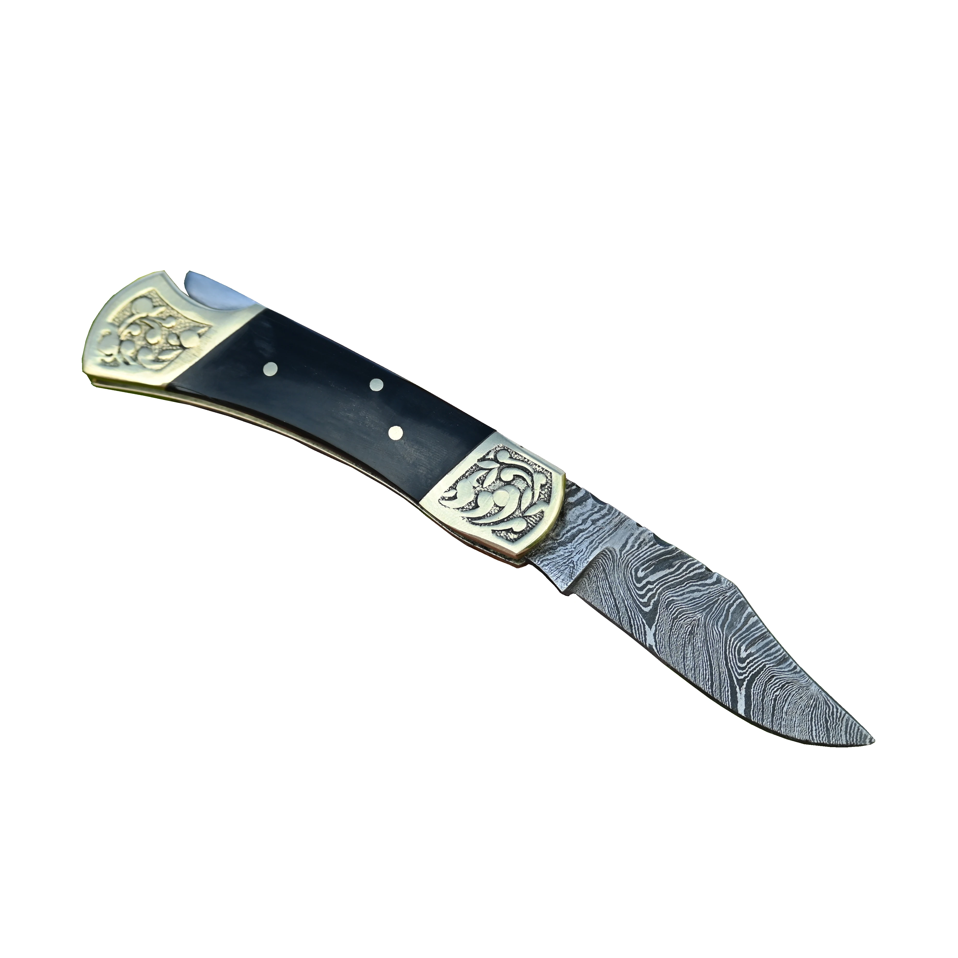 Handmade Mini Damascus Steel Folding Knife Pocket Knife With Black Horn and Brass Handle 420 Layers