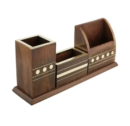 Customized Shape And Size 3 Compartments Wooden Office Desk Organizer Multi-Functional Stationary Supplies Desktop Organizer