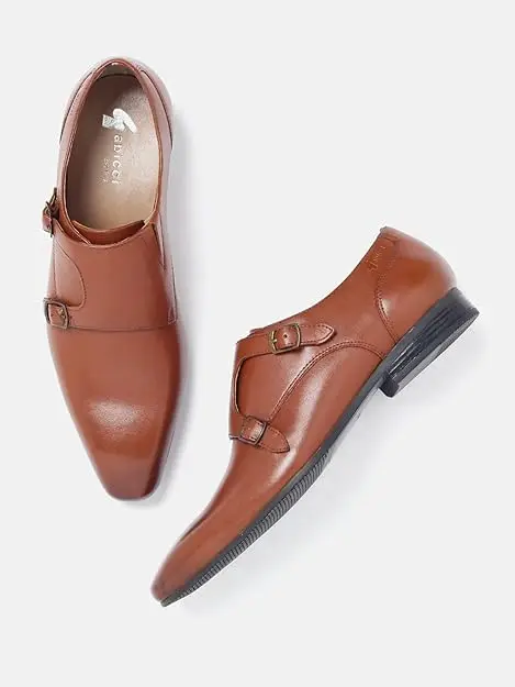 High Quality  TAN brown cow hide Leather Double monk strap derby model classic men shoes with TPR sole