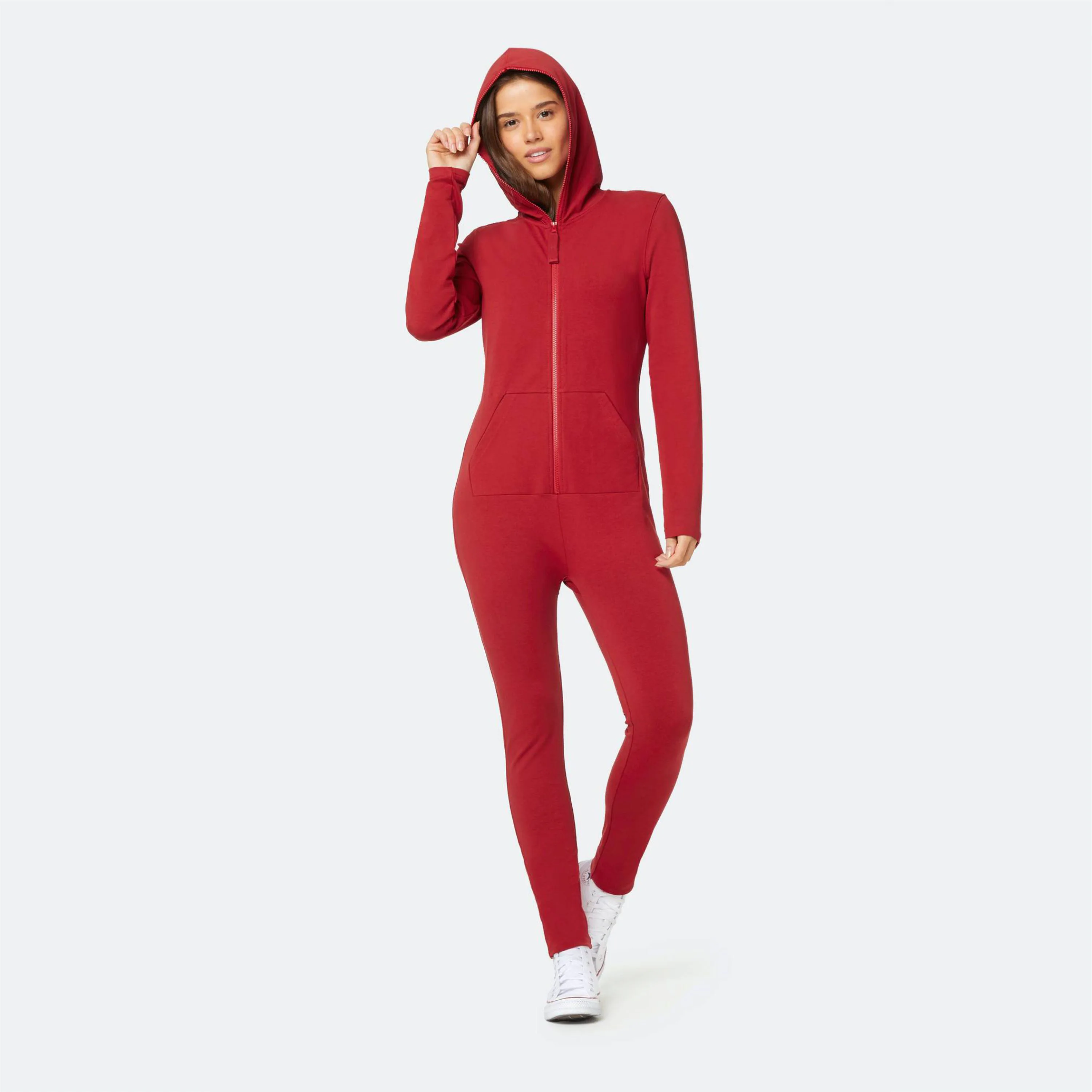 93% Cotton 7% Elastane One Way Zipper Opening Front Kangaroo Pocket Red Women Original Fitted Onesie Slim Jumpsuit