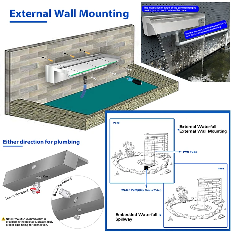 OEM Garden Spray Water Spa Swimming Accessory Above Ground Stainless Steal Sliver Pool Waterfall Fountains With Remote