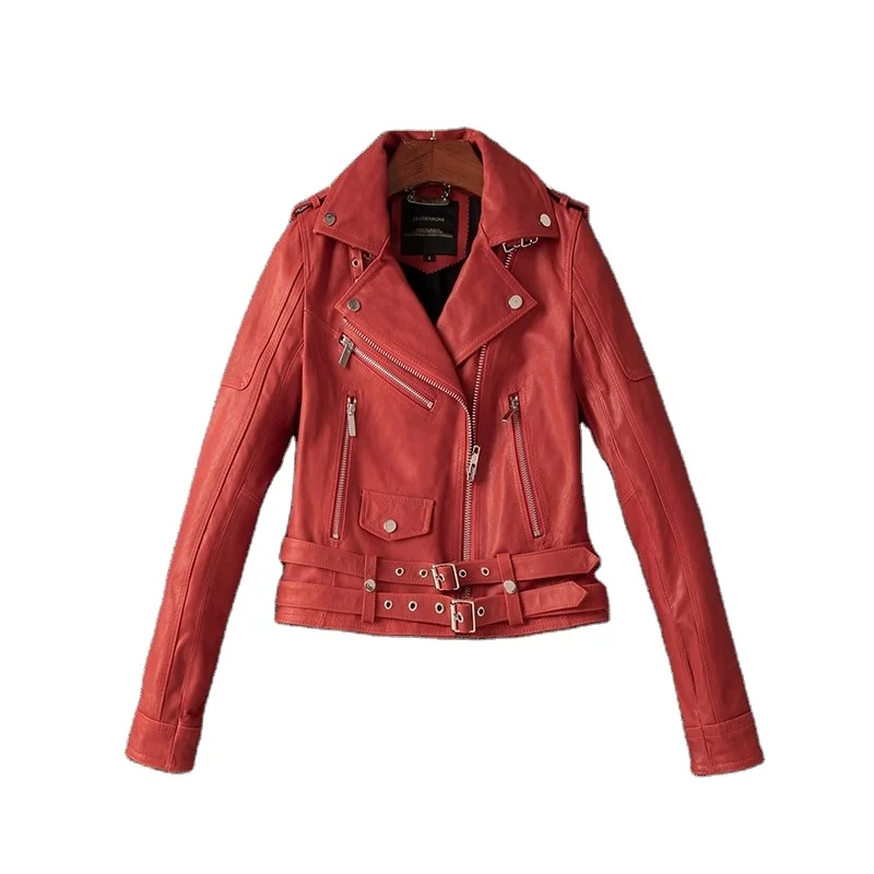 Women short genuine sheep Leather jacket Motor biker slim leather coat red quality tanned sheepskin leather clothing