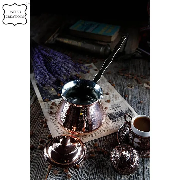 Traditional Turkish Coffee Pot Copper Color Engraved Copper Coffee Pot Metal Cups Brushed Copper