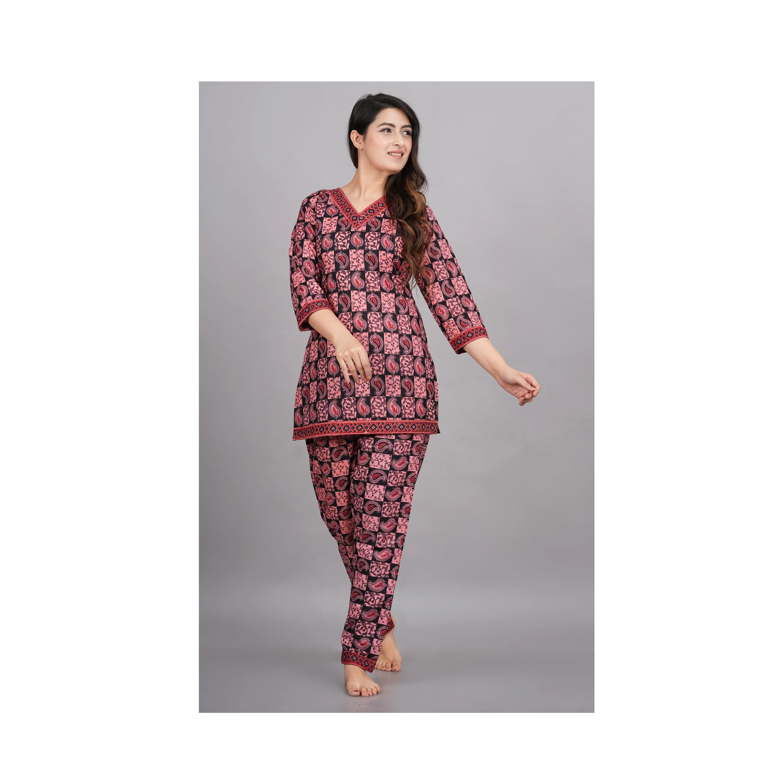 Floral Pure Cotton Night Dress for Women Girls Good Quality Woven Bathrobe Indian Exporters Designed Printed Night Suit