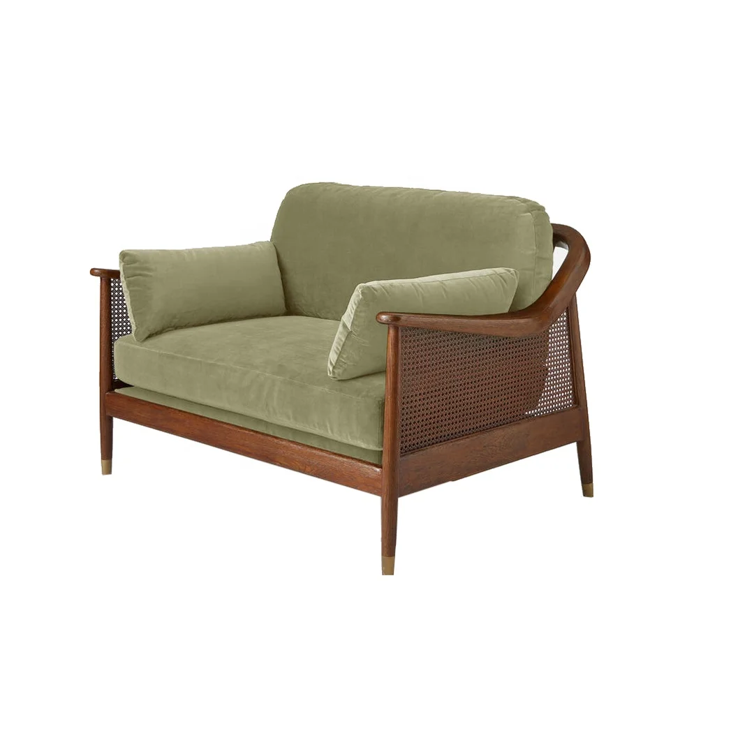 Modern Sofa Solid Teak Wood Natural Finish With Rattan and Upholstery