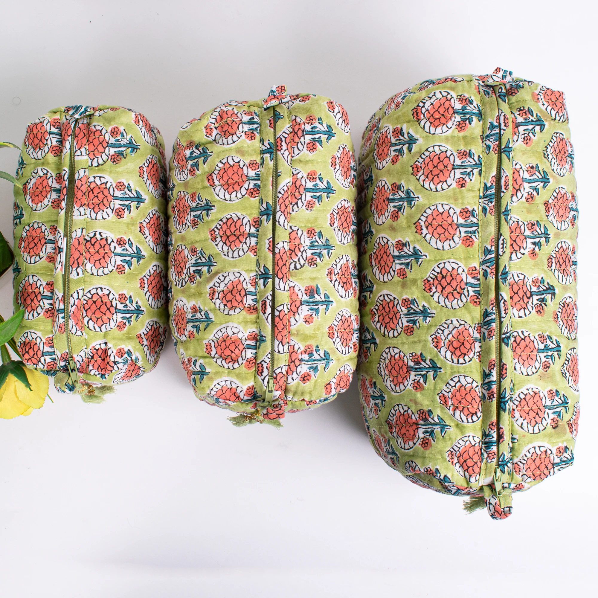 Professional Recycled Woman Cosmetic Organizer Indian Floral Block Printed Quilted Cotton Makeup Bag Set 3 Pieces Wholesale