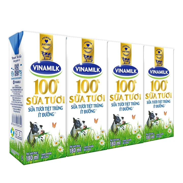 Vinamilk - 100% UHT Fresh Milk - Less sugar - High quality - Wholesale - 180 ml X 48 Boxes Per Carton GMP HALAL ISO FSSC BRC