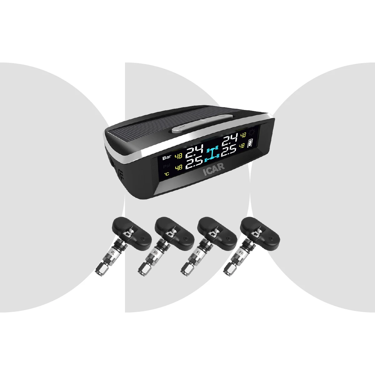 Car TPMS Tire Safety Monitoring System with 4 valve sensors installed inside the tires - Oritek TN405