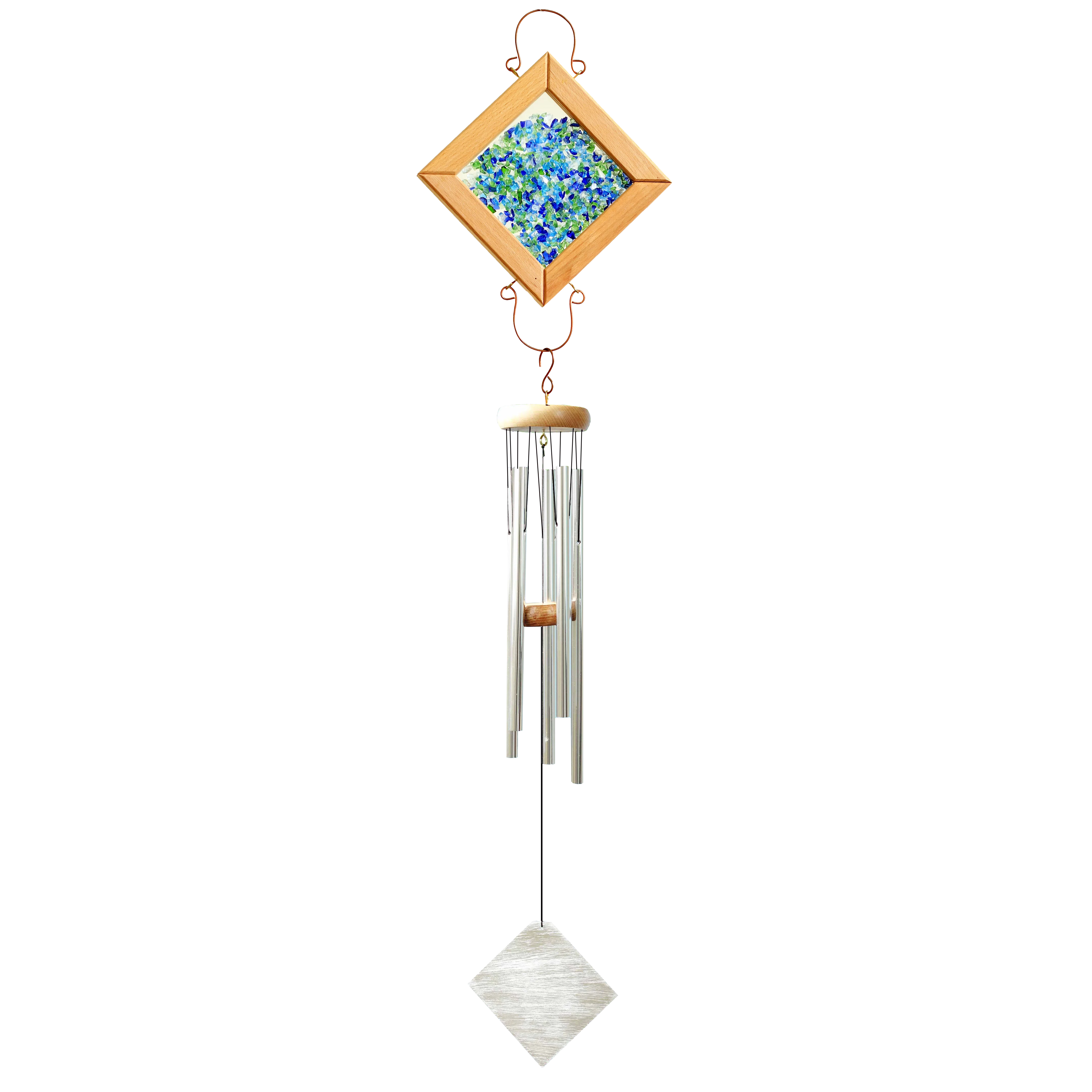 Eco-friendly handmade style wind chime with diamond shaped glass sand box for buyers
