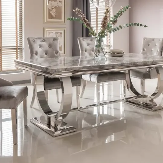Modern luxury stainless steel furniture marble top dining room table set 6/8 seater stainless steel base marble dinning table