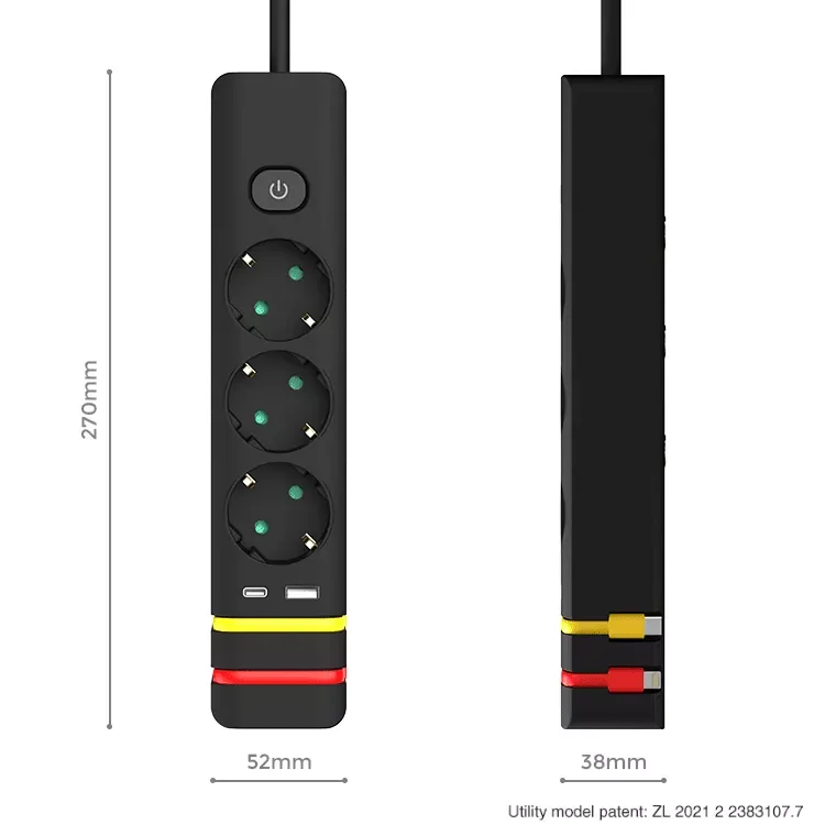 Latest Product Black Multiply Devices 3 Way Power Strip Schuko Socket for Home Office 1.4m Cable With USB and Charging Cable