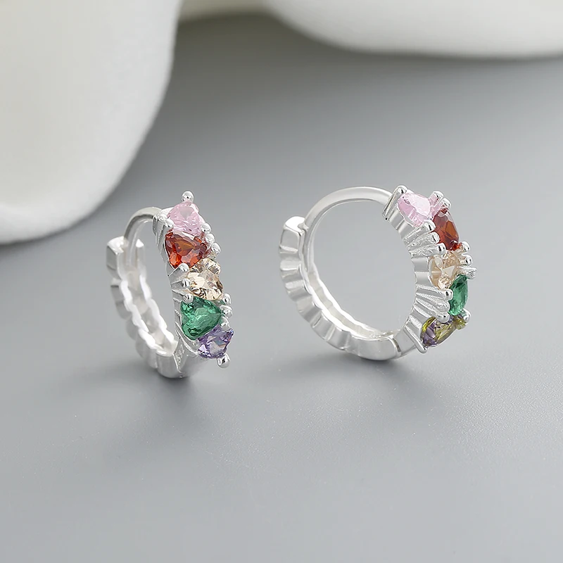 Colorful Women Moissanite Cubic Zirconia Stud Earrings 925 Sterling Silver Hollow Hoop Huggies Earrings Silver Plating