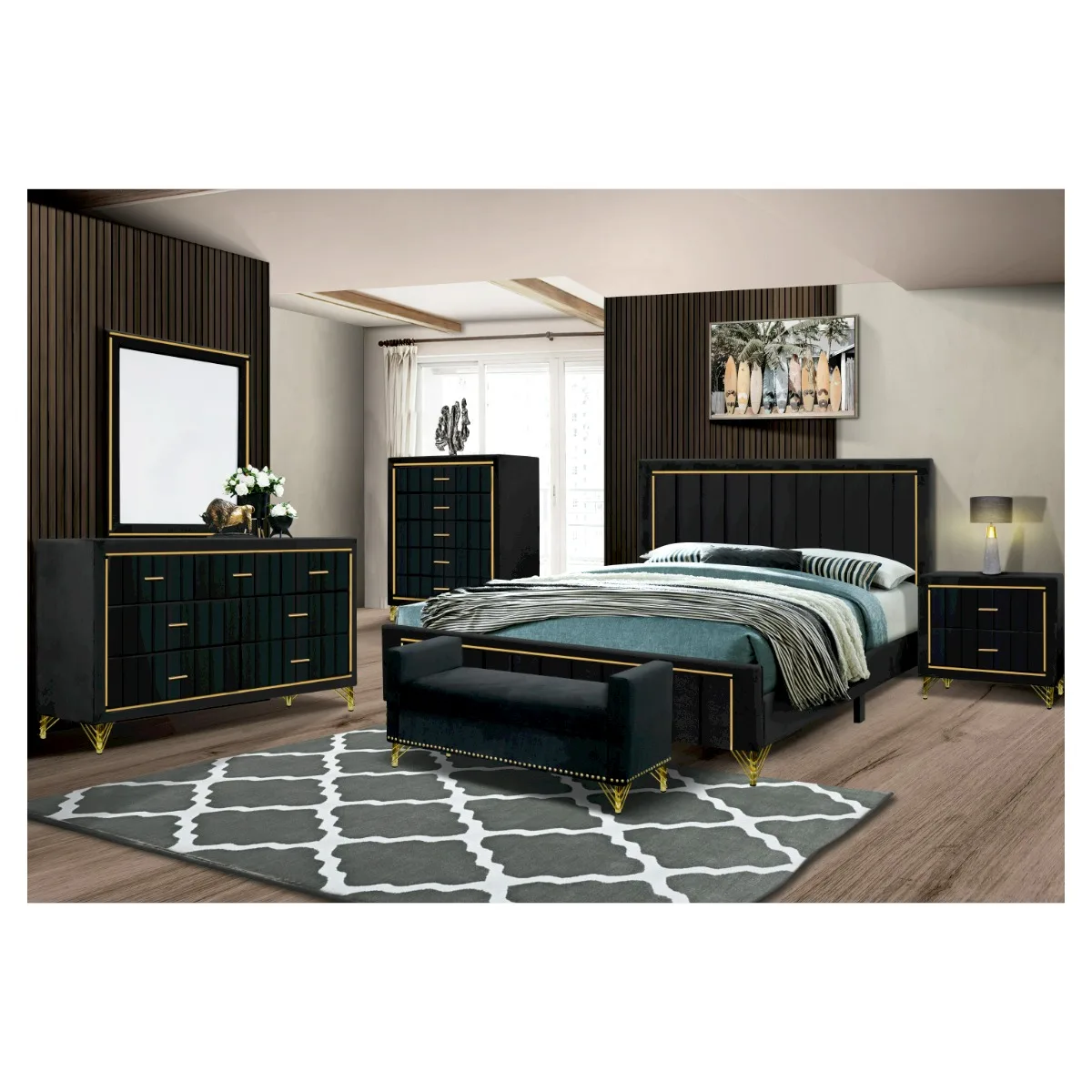 NEW BEST SELLING DESIGN MODERN MERIDIAN BEDROOM SET DESIGN WITH UPHOLSTERED 5 PCS BEDROOM SETS IN VELVET BLACK GOLD GLITTER PVC