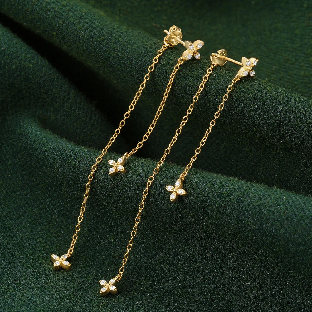 New Trendy Fine Jewelry Flower Diamond Chain Tassel Earring Gold Plated 925 Sterling Silver Earrings Long Drop