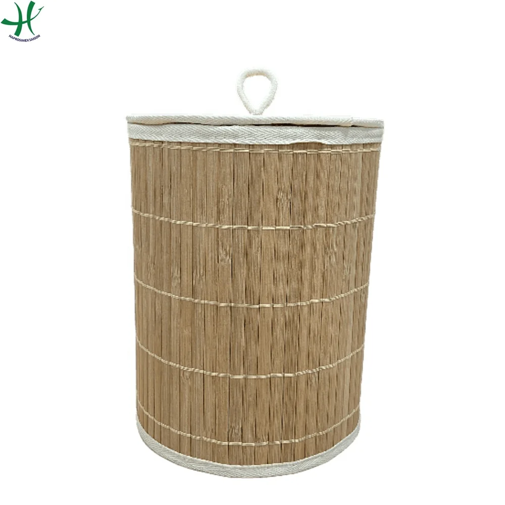 Cheap Wholesale Bamboo Round Shape Basket with lid and cotton rope handle, bamboo products