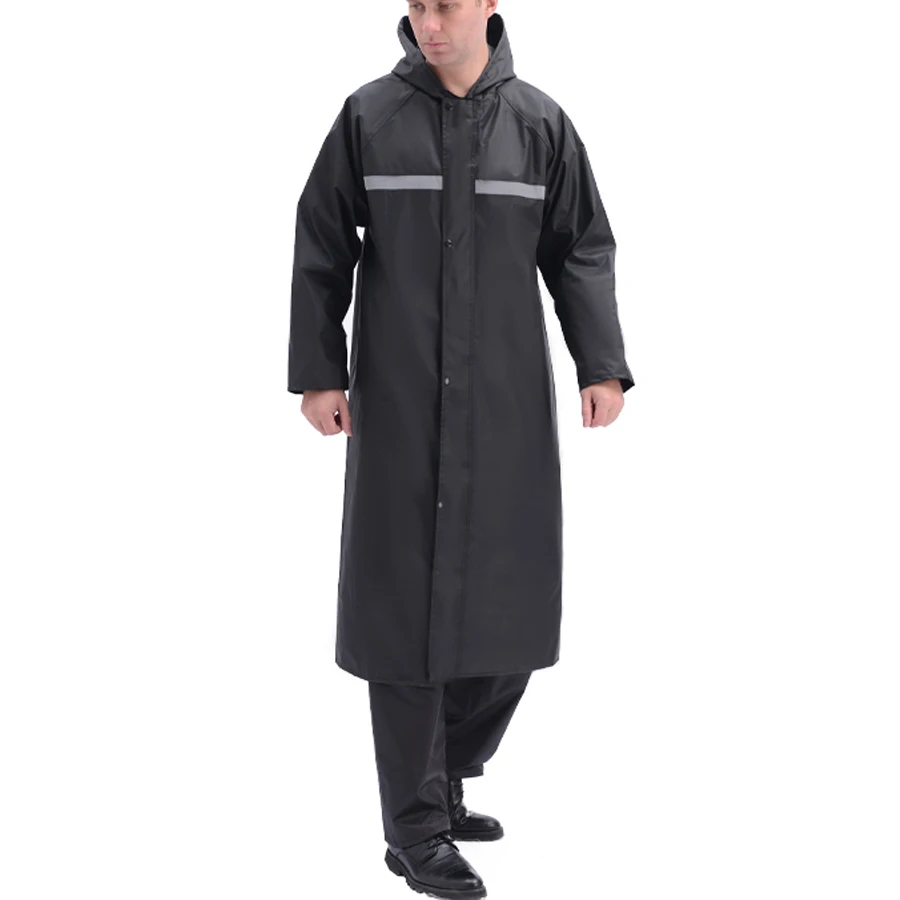 Men Black Long Rain Jacket Waterproof Raincoat Outdoor Trench Jacket Hooded Safety Long Rain Coat Breathable Raincoat