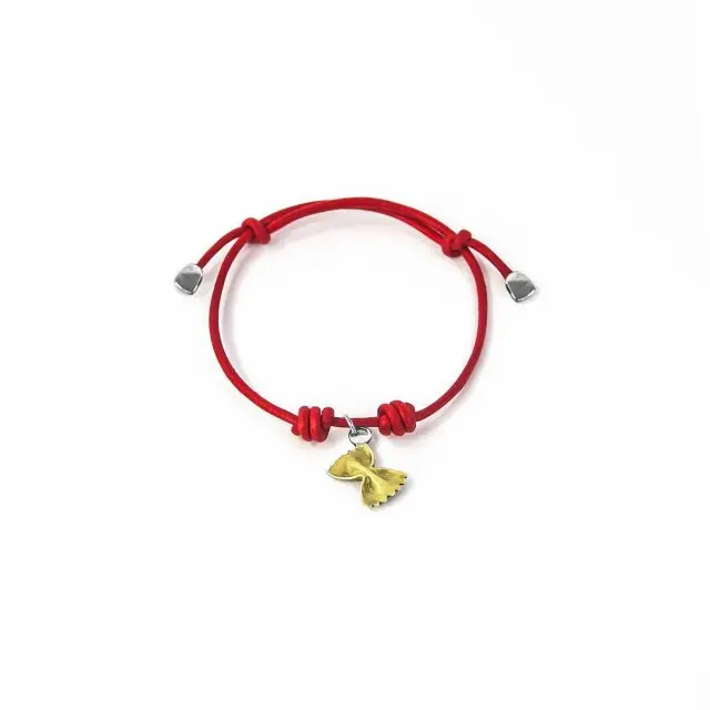 Handmade in Italy- Cotton Cord Bracelet with Farfalle Pasta Charm in Sterling Silver and Enamel-Italian-One Size Adjustable