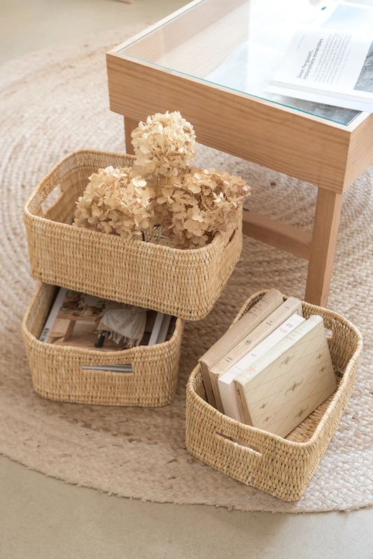 Handwoven Rush Storage Box with Handles Wicker Laundry Baskets for Efficient Closet Organization
