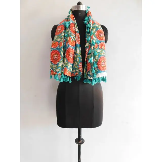 Women Handmade Cotton Winter Wear Scarf Ladies Tassel Red Floral Hand Block Printed Soft Shawl Stole Bandana
