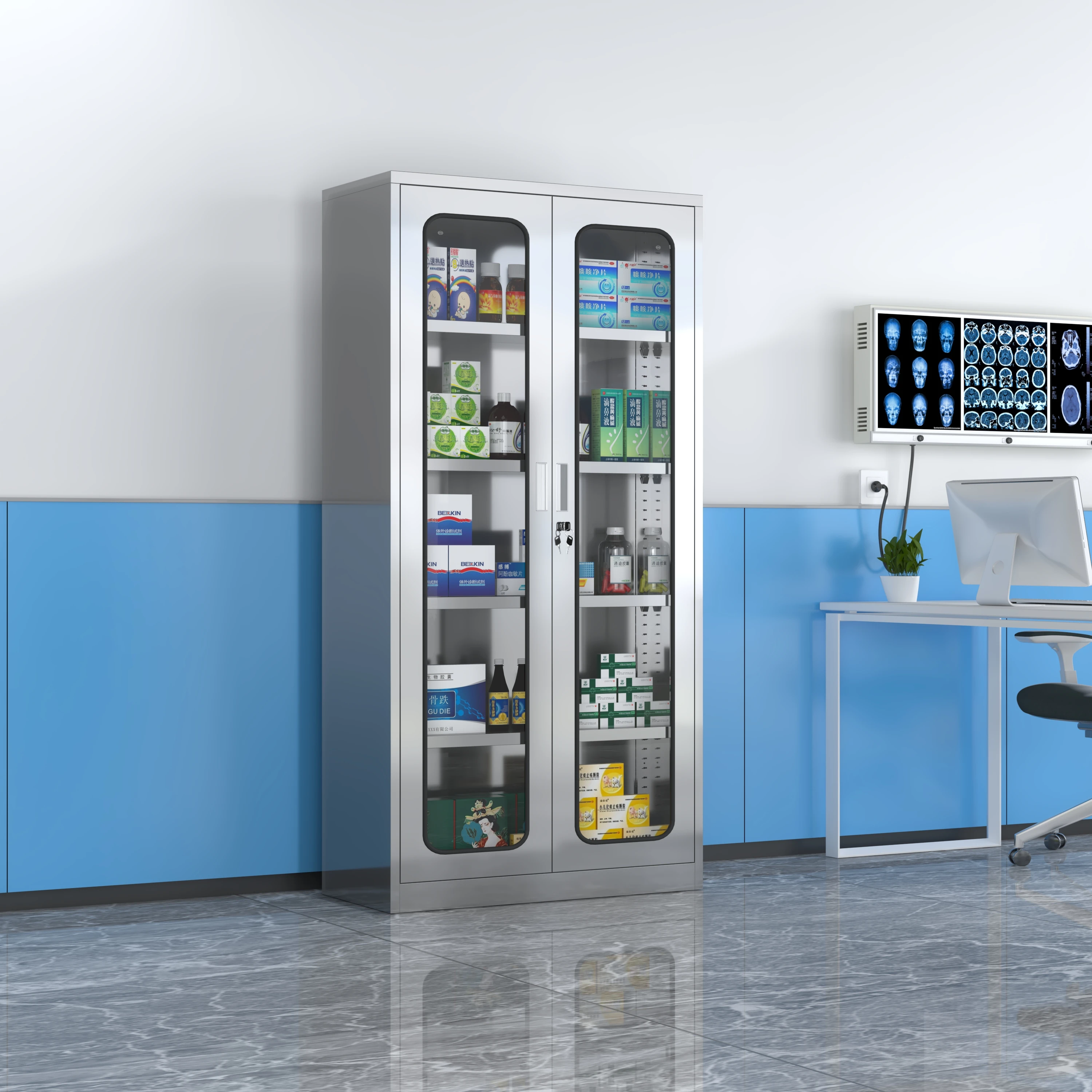 Metal high quality double glass door with two drawers hospital storage stainless steel medical cabinet  laboratory furniture