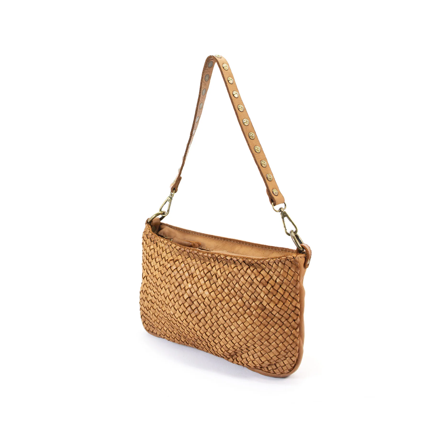 shoulder bag pochette with studded handle we345 soft weaved leather multiuse for woman